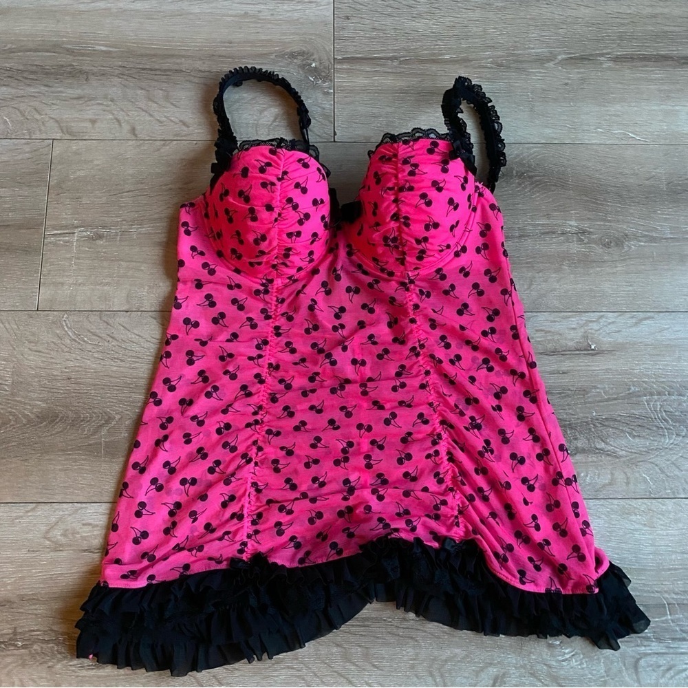 LaSenza lingerie babydoll negligee top hot pink cherry print Y2K